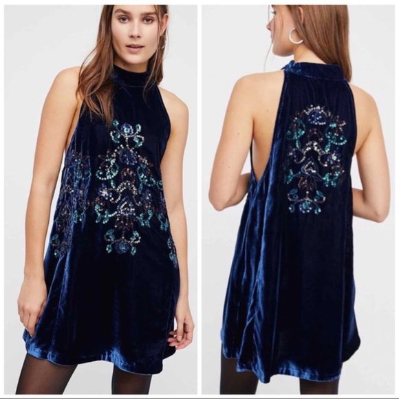 Free People Dresses & Skirts - NWT Free People Blue Velvet Sequin Trapeze Dress